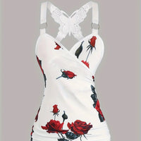 Spring And Summer New Women's Rose Print Pleated Suspender Cross Tank Top