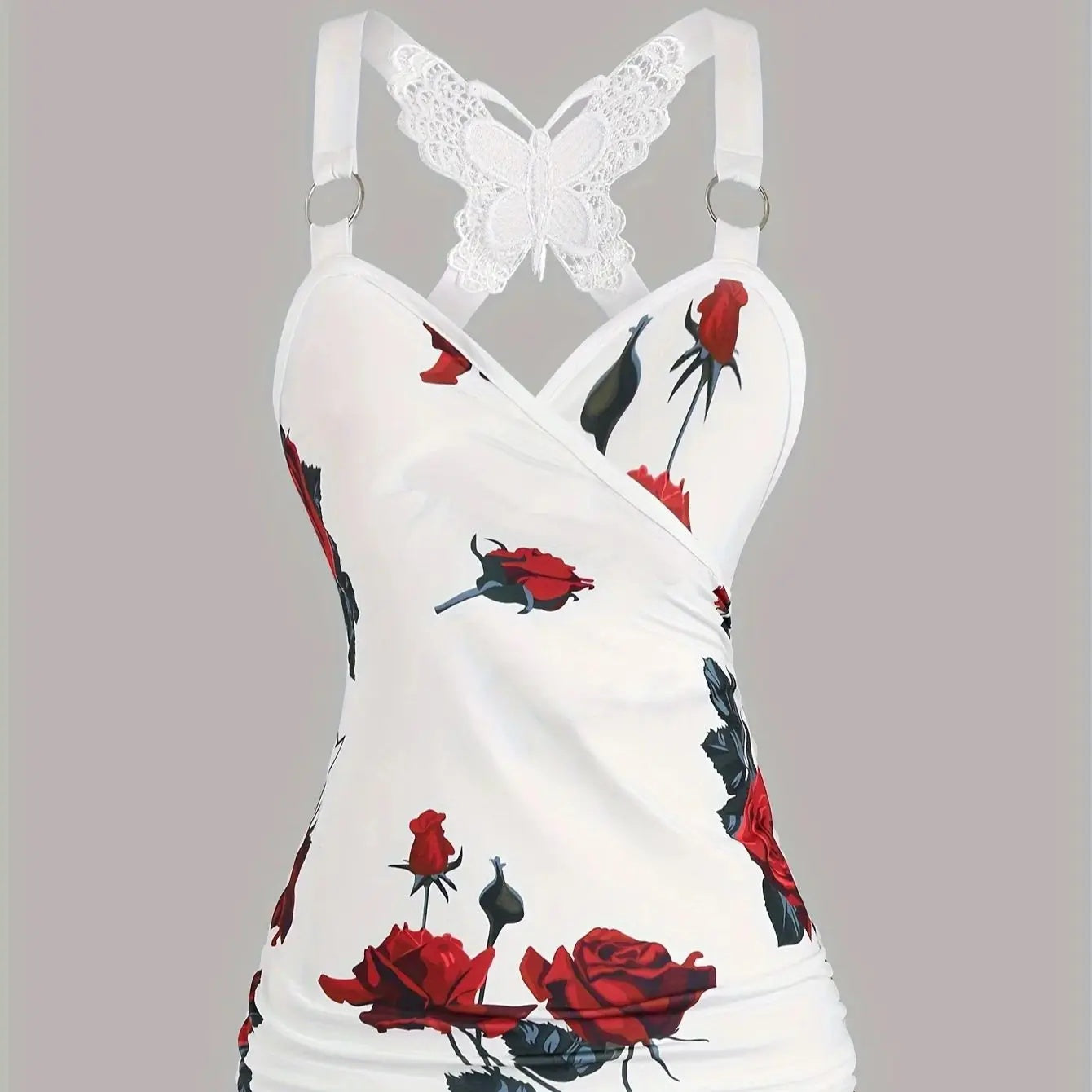 Spring And Summer New Women's Rose Print Pleated Suspender Cross Tank Top