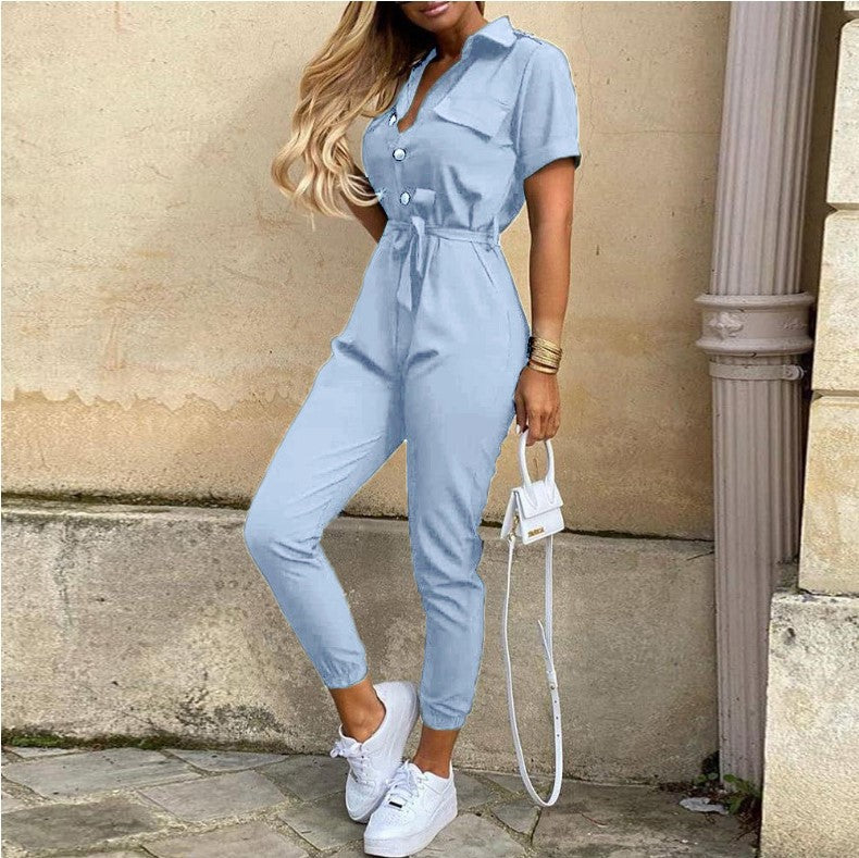 Women's casual lapel printed belt workwear jumpsuit