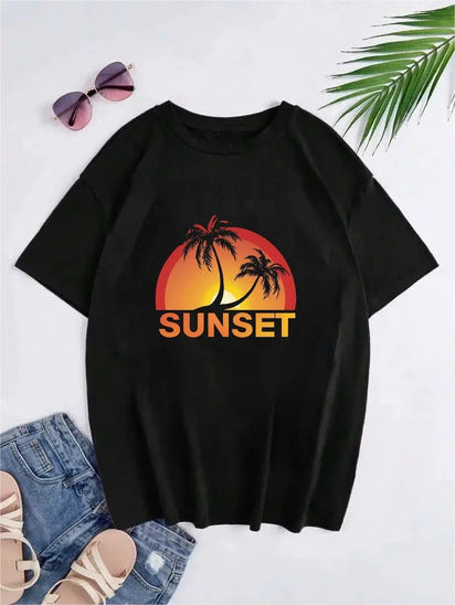 Hong Kong Style Sunset Pattern Printed Short-sleeved T-shirt