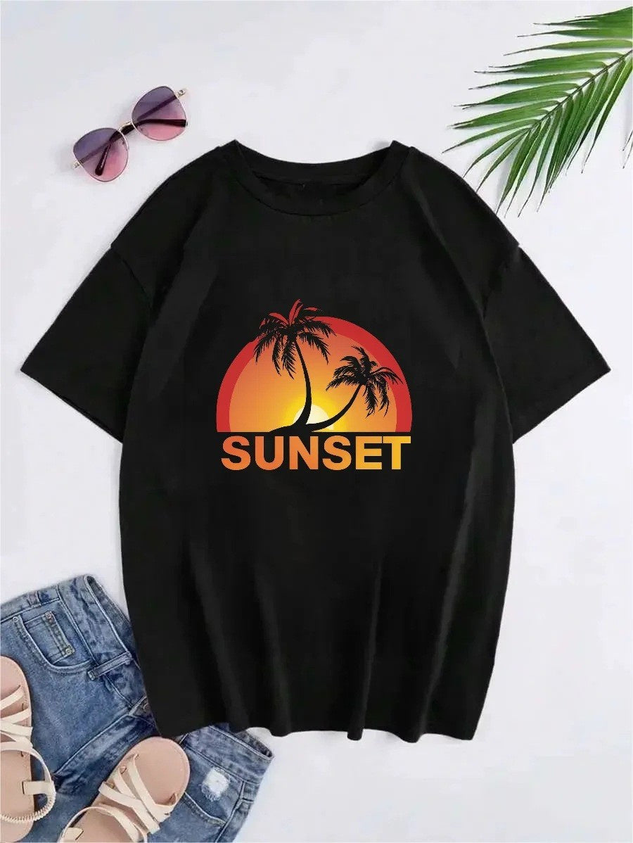 Hong Kong Style Sunset Pattern Printed Short-sleeved T-shirt
