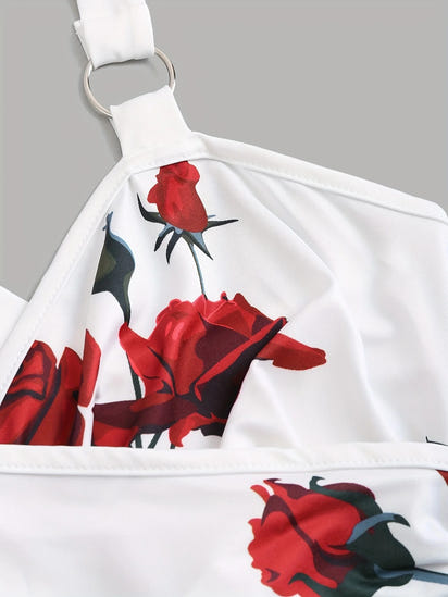 Spring And Summer New Women's Rose Print Pleated Suspender Cross Tank Top