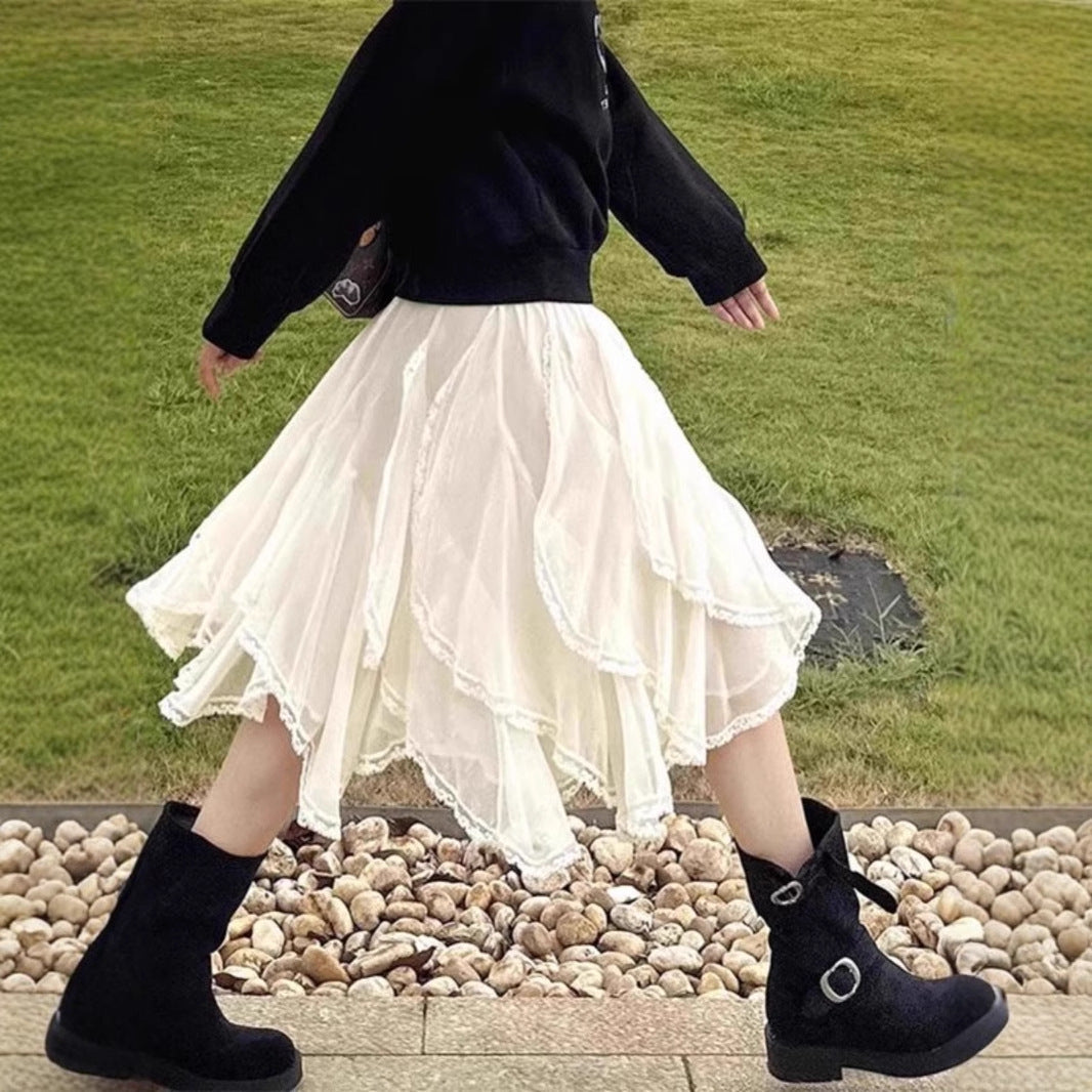 French Irregular Lace Patch High-waisted Slimming Tulle Skirt
