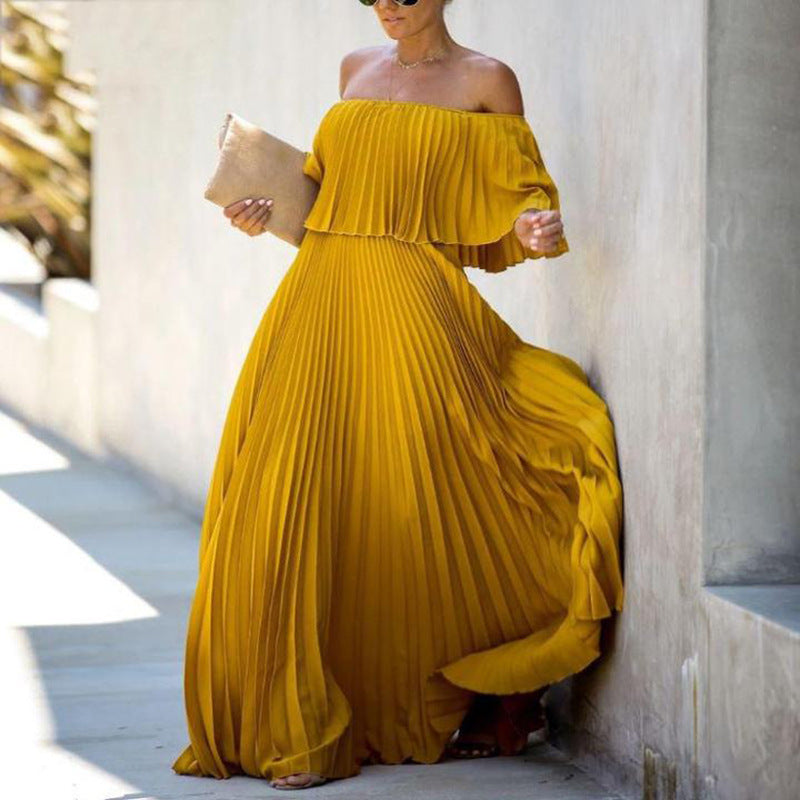 Spring new women's dress  off-the-shoulder one-line shoulder pleated chiffon party dress