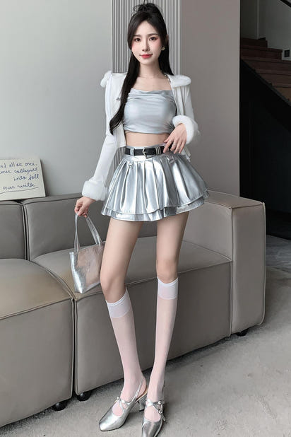Silver Pleated Skirt For Women Early Slightly Elastic