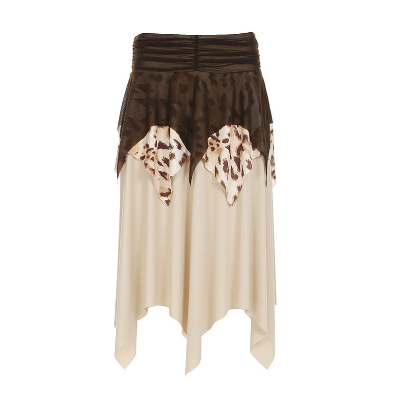 Leopard Print Mesh Stitching Irregular Skirt Hot Girl Pleated High Waist