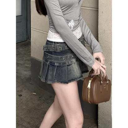 American Retro Large Size Washed Pleated Denim Skirt