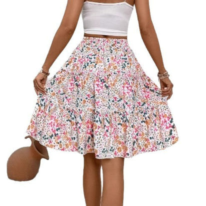 Floral Print Stretch Waist Skirt Knee Layered Hem A- Line Skirt
