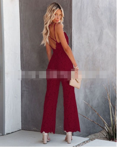 Women's , form-fitting sleeveless halter with backless solid color lace jumpsuit