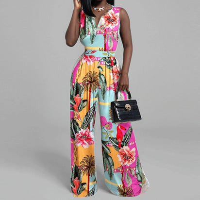Women's spring fashion casual long pants, slim printed sleeveless jumpsuit