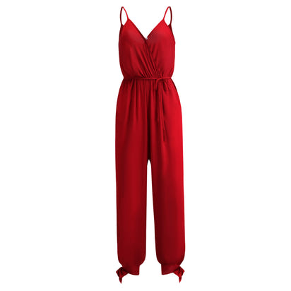 A large quantity of backless drawstring deep V-neck halter long jumpsuits