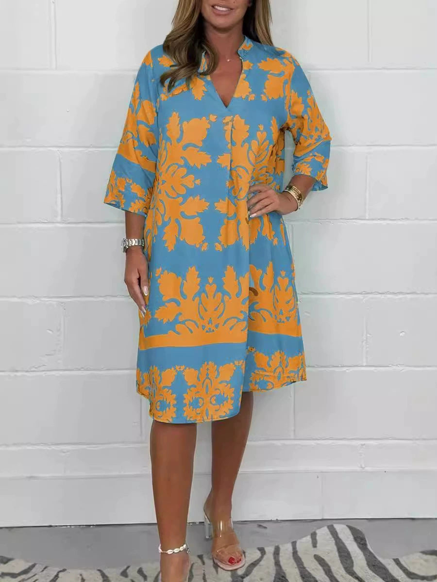 Autumn V-neck printed three-quarter sleeve floral women's one-piece dress