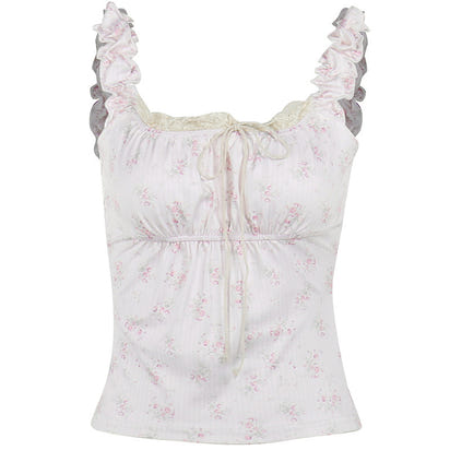 Floral bow strappy top for female bm, pure and elegant, slim and fashionable, gentle and versatile casual top