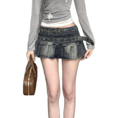 American Retro Large Size Washed Pleated Denim Skirt