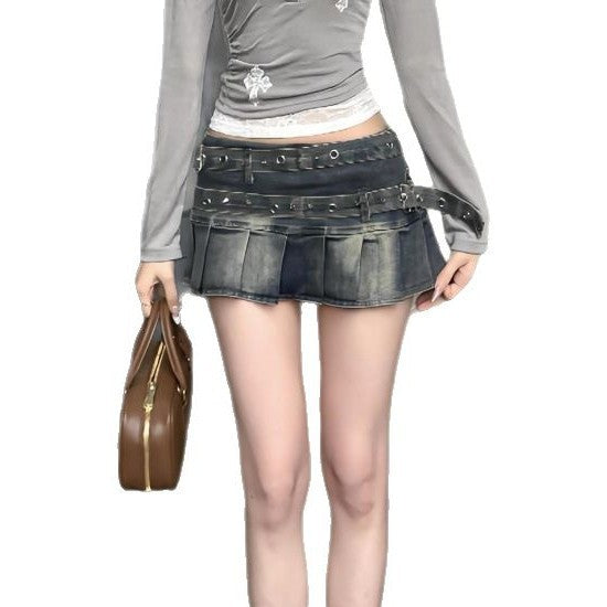 American Retro Large Size Washed Pleated Denim Skirt