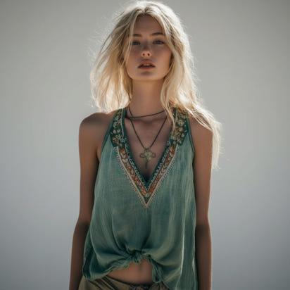 Women's Bohemia Ethnic Art Linen V-neek Tank Top