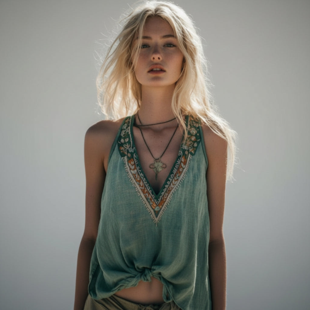 Women's Bohemia Ethnic Art Linen V-neek Tank Top
