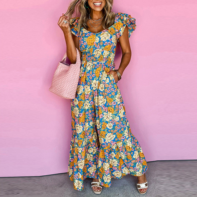 Spring and summer new ruffled jumpsuit women's fashion trend flower print high waist wide leg trousers women