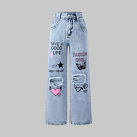 Snowflake Water Washed Hole Printed Wide-leg Jeans