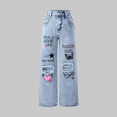 Snowflake Water Washed Hole Printed Wide-leg Jeans