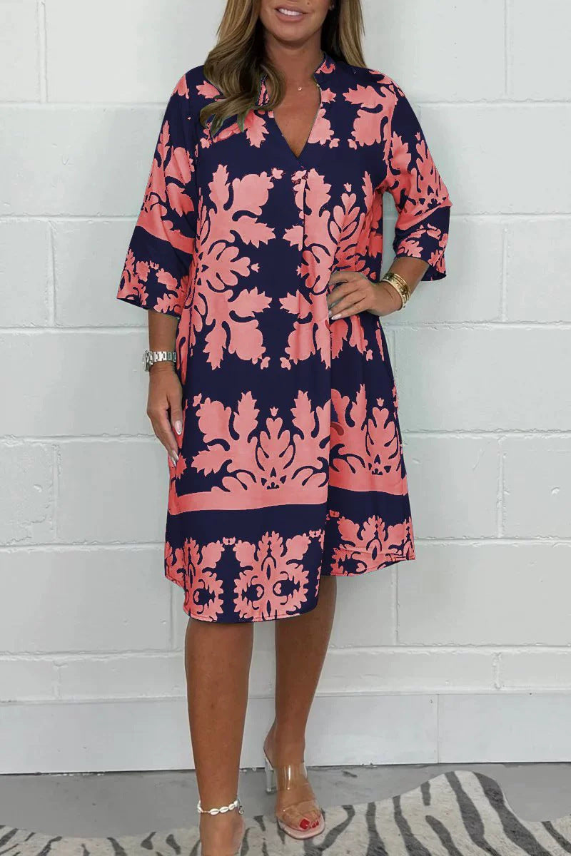 Autumn V-neck printed three-quarter sleeve floral women's one-piece dress