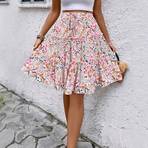 Floral Print Stretch Waist Skirt Knee Layered Hem A- Line Skirt