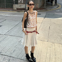 MMFISH stylish and chic flower-printed poplin square neck button design pressure-sensitive pleated retro halter 25C153