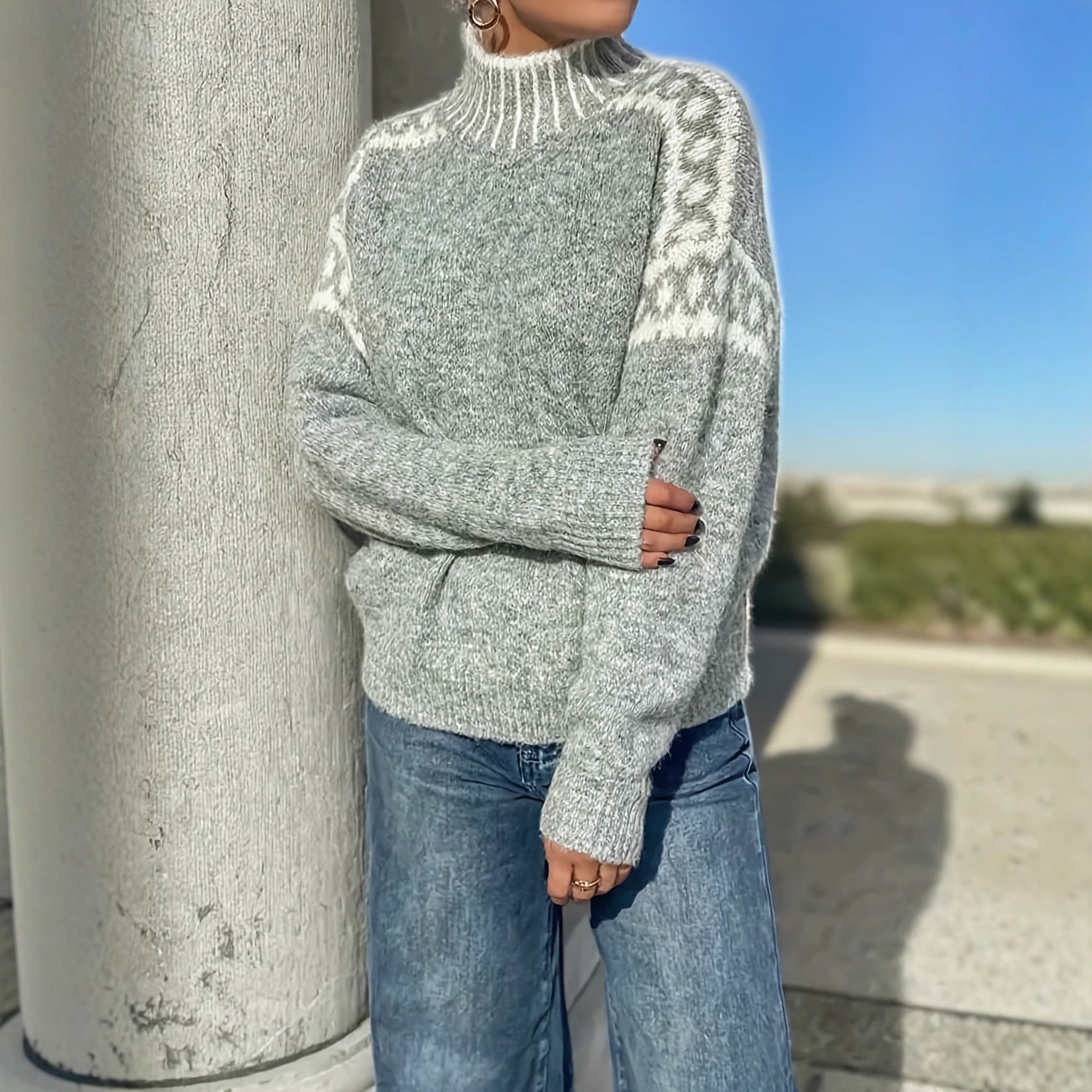 Grey high-neck sweater, jacquard design on the sleeves, loose-fitting pullover sweater