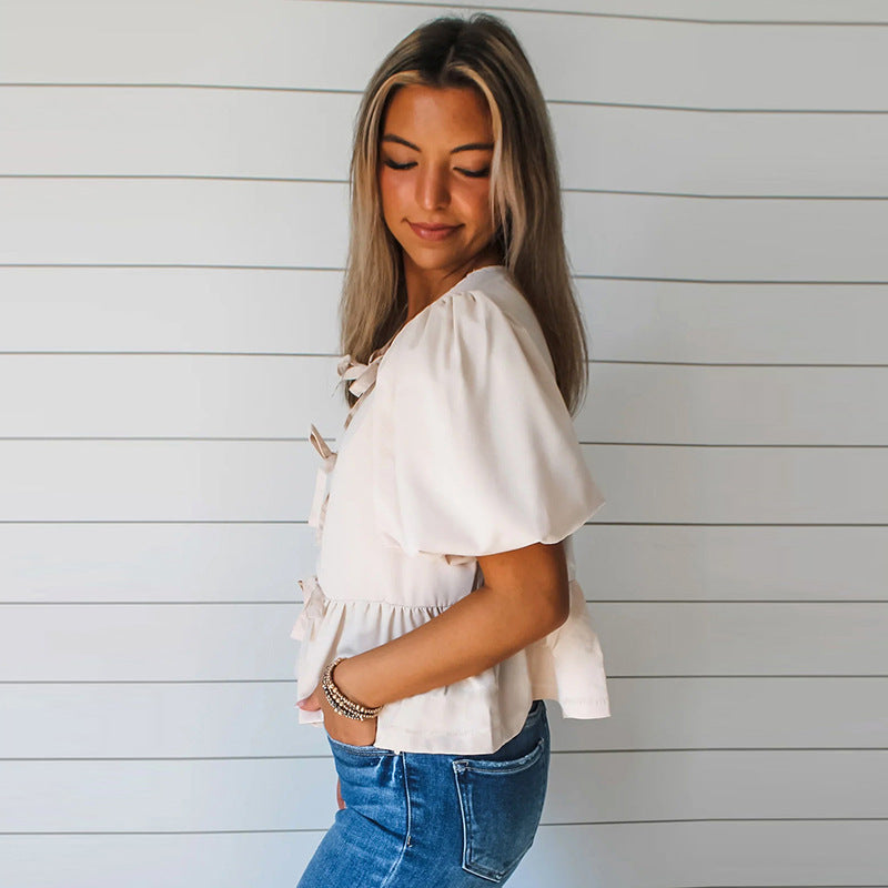 Spring And Summer New Solid Color Pullover Short-sleeved Top For Women