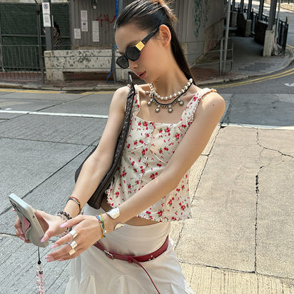 MMFISH stylish and chic flower-printed poplin square neck button design pressure-sensitive pleated retro halter 25C153