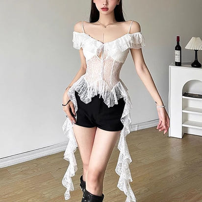Spicy girl style pure sensual lace patchwork see-through halter top, black fungus lace short top