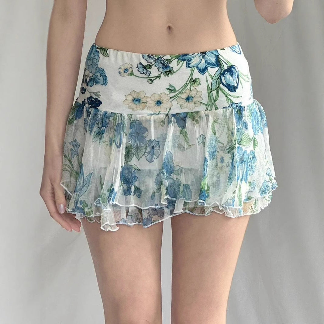 American Street Style Mesh Floral Print Irregular Skirt