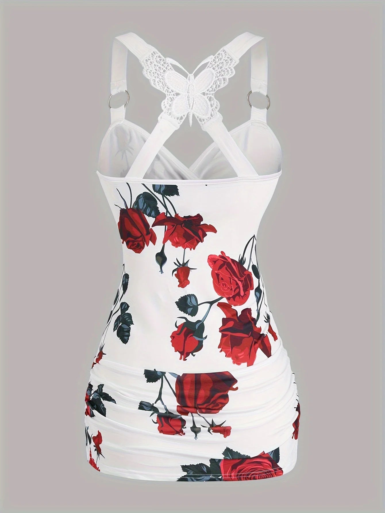 Spring And Summer New Women's Rose Print Pleated Suspender Cross Tank Top