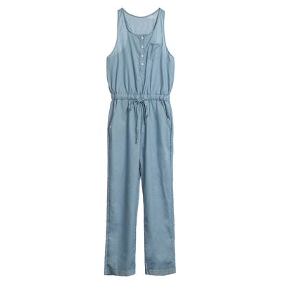 Women's fashionable, form-fitting, casual, cinched-waist vest and denim jumpsuit