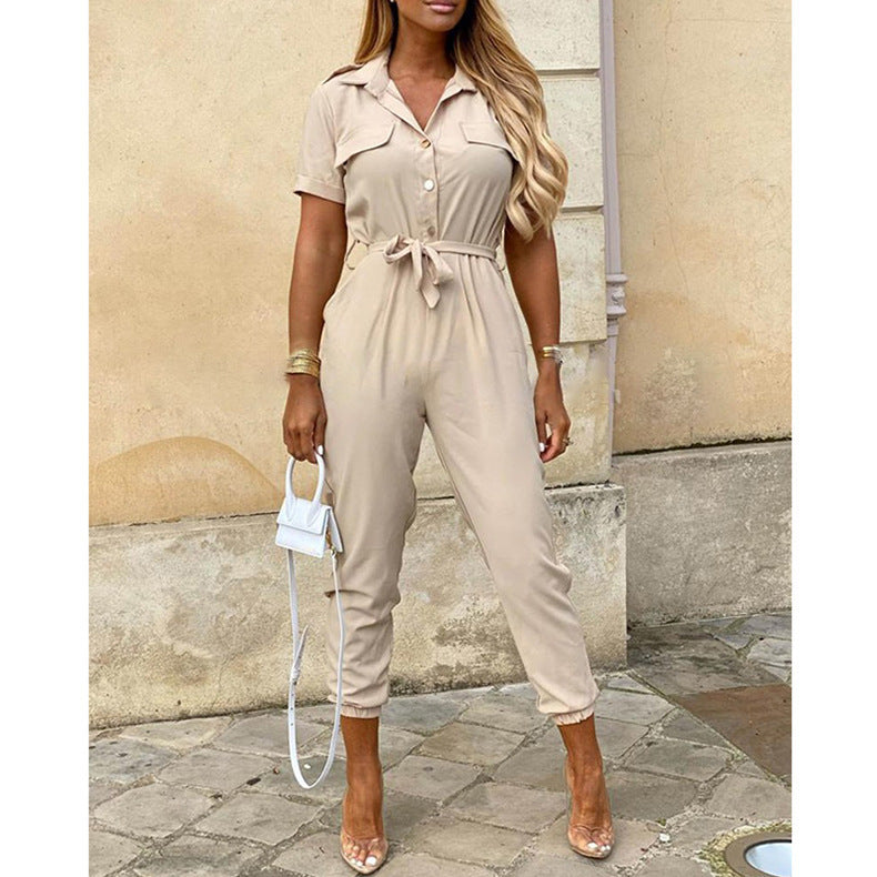 Women's casual lapel printed belt workwear jumpsuit