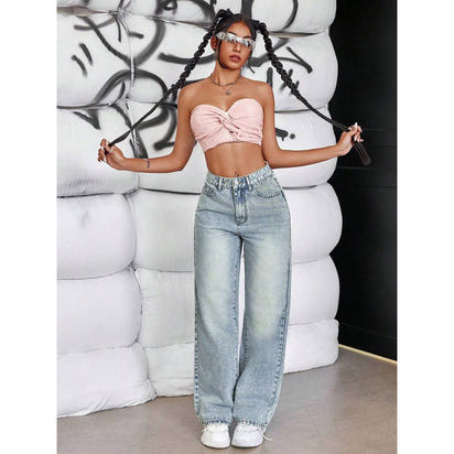 Women's drape jeans, high-waisted wide-leg loose straight-leg long pants for women