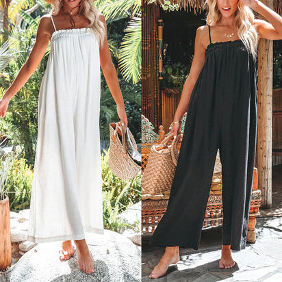 Loose high-waisted cotton and linen pants, wide-leg fashionable jumpsuits, casual halter pants and skirts
