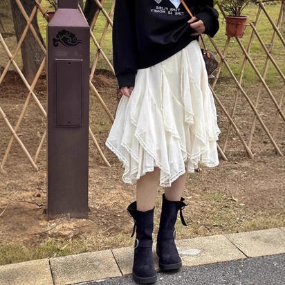 French Irregular Lace Patch High-waisted Slimming Tulle Skirt