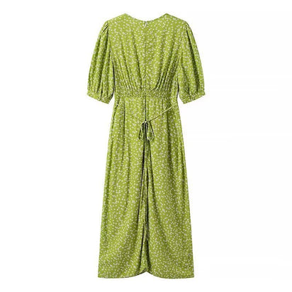 Fashion V-neck Puff Sleeve Green Tie-waist Dress For Women