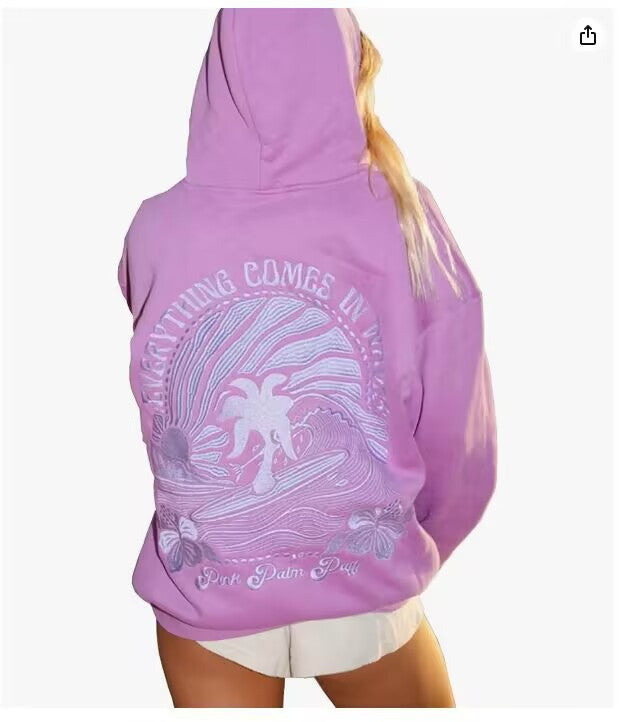 Embroidered off-the-shoulder sleeve hooded sweatshirt