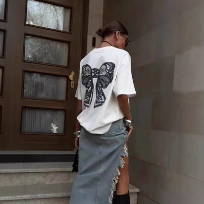 Millennium Bowknot Short-sleeved T-shirt Women's Lace Stitching