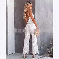 Women's , form-fitting sleeveless halter with backless solid color lace jumpsuit