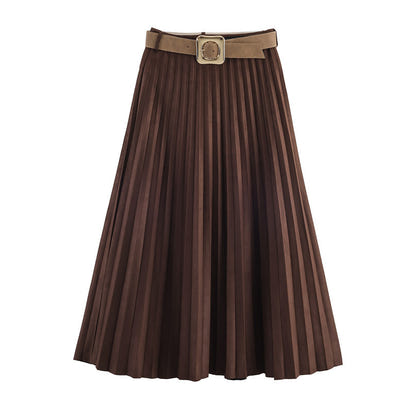 Fashionable Elegant With Belt Pleated Skirt