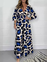 Women's fashion leopard print V-neck casual tight-waisted loose jumpsuit