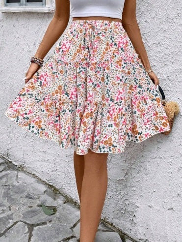 Floral Print Stretch Waist Skirt Knee Layered Hem A- Line Skirt