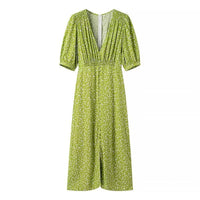 Fashion V-neck Puff Sleeve Green Tie-waist Dress For Women