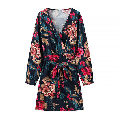 European And American Sexy Deep V Fashion Printed Shirt Dress