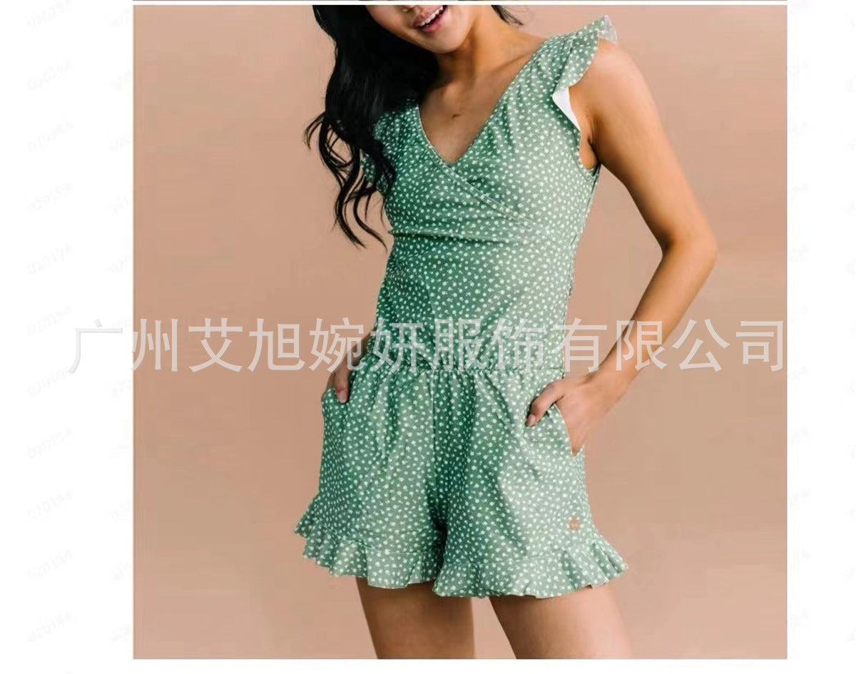 A versatile wave-striped tight-fitting spaghetti-strap sleeveless commuter jumpsuit for women