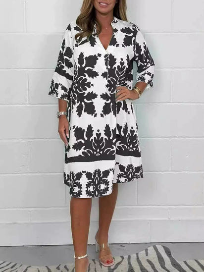 Autumn V-neck printed three-quarter sleeve floral women's one-piece dress
