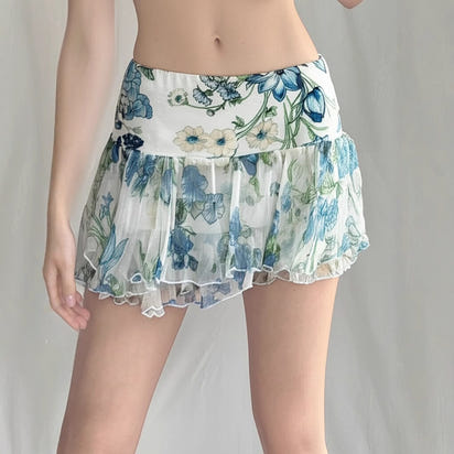 American Street Style Mesh Floral Print Irregular Skirt